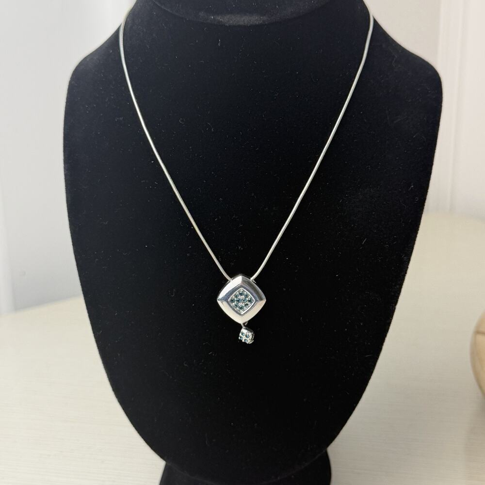White Gold Pendant Necklace with Blue Gemstones Dangling Charm 16 in Chain